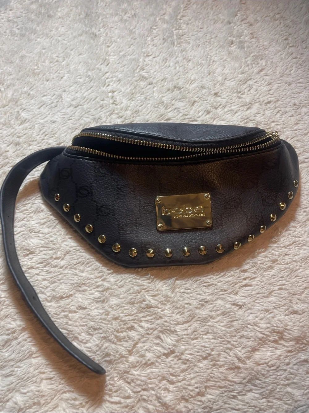 Bebe Black Studded Belt Bag with Gold Plaque